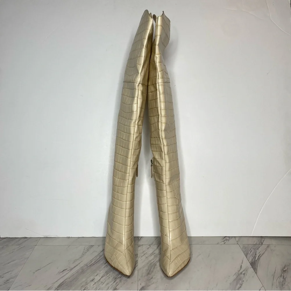 Schutz Maryana Eggshell Crocodile Over The Knee Boot 8 1/2 B